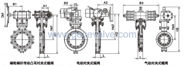 硬密封對(duì)夾式蝶閥結(jié)構(gòu)及尺寸示意圖